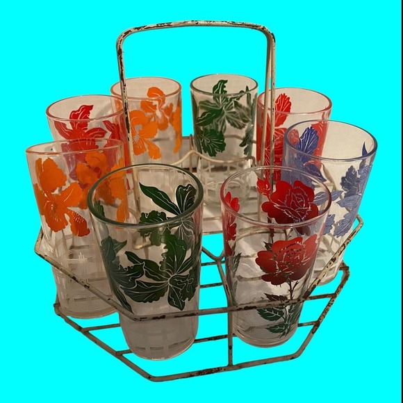 8 Floral Drinking Glasses Wire Caddy 7 Irises Hazel Atlas 1 Rose Libbey Country - Picture 10 of 13